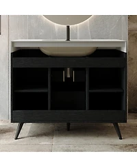 Sillysis Walnut Freestanding Bathroom Vanity with Sintered Stone Top, Ceramic Sink, Soft Close Storage, Stainless Steel Legs-Sillysis