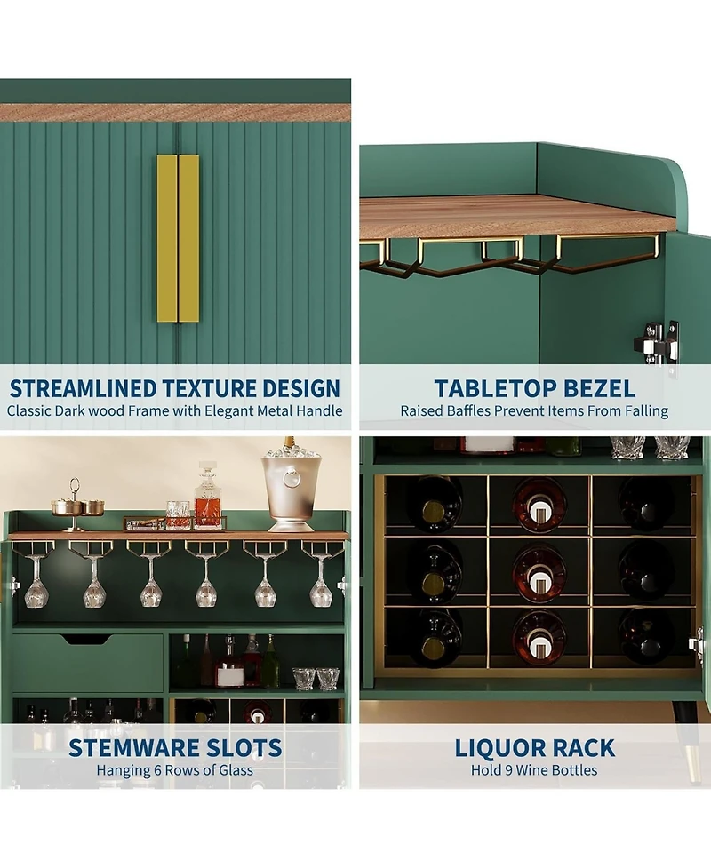 gaomon Towallmark Green Modern Fluted Bar Cabinet with Wine Rack and Glass Holders, Black Kitchen Sideboard Buffet Cabinet for Dining Room