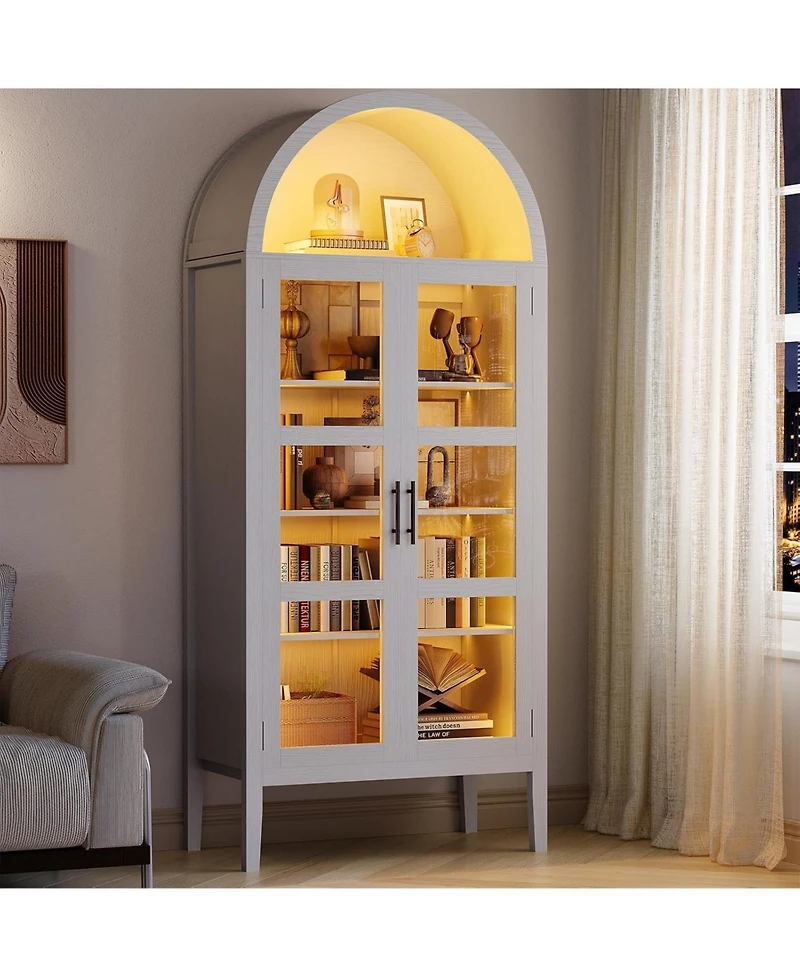 gaomon 70 in Tall Arched Kitchen Pantry Cabinet with Led Lights, Modern Wood Arched Bookshelf with Glass Doors and Adjustable Shelves