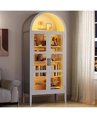 gaomon 70 in Tall Arched Kitchen Pantry Cabinet with Led Lights, Modern Wood Arched Bookshelf with Glass Doors and Adjustable Shelves