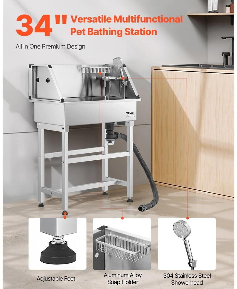 Zeus and Ruta 34 Inch Cat Grooming Bath Tub with Faucet Stainless Steel for Pets