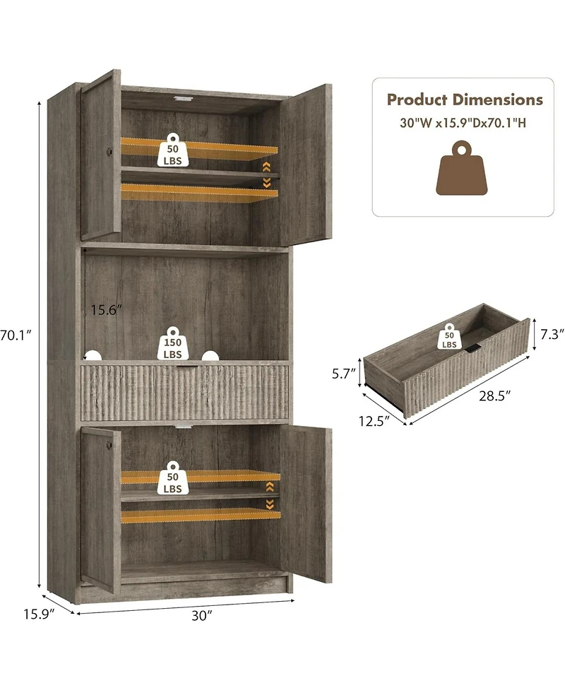 gaomon 70" Tall Kitchen Pantry Cabinet with Doors, Fluted Drawer and Adjustable Shelves