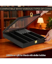 gaomon Challenge Coin Display Case,4-Row Wooden Challenge Coin Holder Display with Double-Groove Shelves,Lock&Acrylic Door for Military Medals, Casino