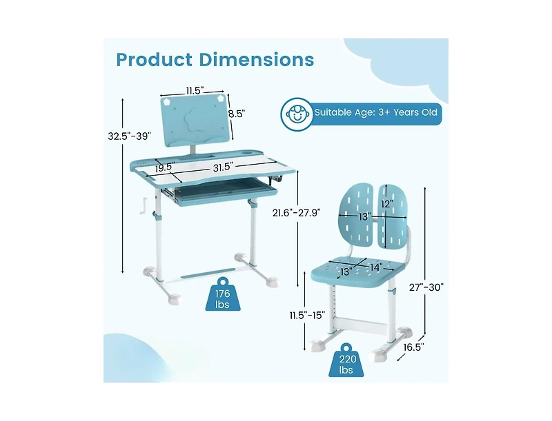 Slickblue Children's Study Desk Chair Set with Tilt Desktop and Book Stand