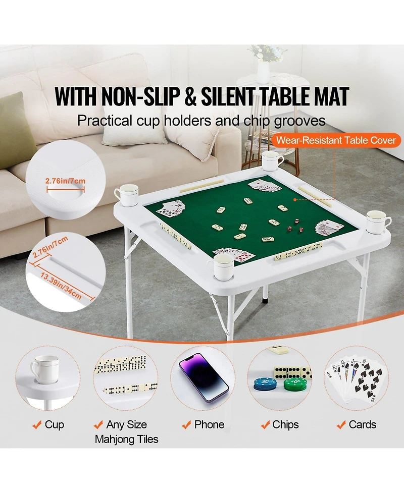 Mecale 35.4" Square Folding Mahjong Table for 4 Players, Wear-Resistant Green Top, Cup Holders & Chip Trays, Portable Game Table