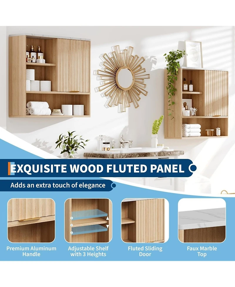 gaomon Fluted Medicine Cabinet, Modern Wall Mounted Bathroom Cabinet Over Toilet Storage with Open Partition & Faux Marble Top