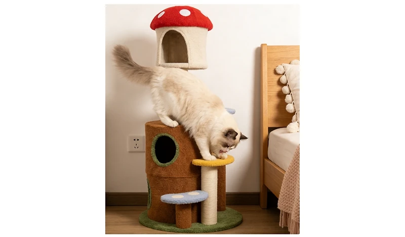 Zeus and Ruta Mushroom Cat Tree with Large Condo Platform Ladder Plush Scratching Posts for Indoor Cats Modern Pet Furniture
