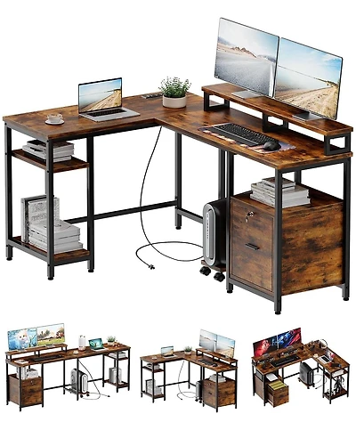 gaomon 67" L Shaped Computer DeskPc Desk Gaming Desk with File Drawer, with Power Outlet, 2 Monitor Stands, Adjustable Storage Shelf, Writing Desk