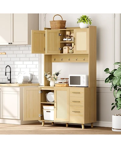 gaomon 71 in Tall Kitchen Pantry Cabinet with Microwave Shelf, Rattan Freestanding Storage Cabinet with 3 Drawers, Adjustable Shelves and 6 Hooks