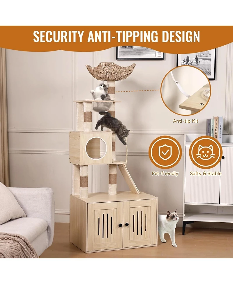 gaomon Cat Tree with Litter Box Enclosure, Hidden Washroom Litter Box Tree with Sisal Scratching Post and Soft Plush Perch, Wooden Cat Furniture