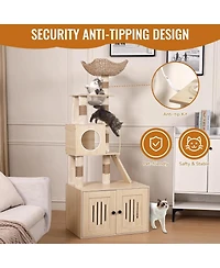 gaomon Cat Tree with Litter Box Enclosure, Hidden Washroom Litter Box Tree with Sisal Scratching Post and Soft Plush Perch, Wooden Cat Furniture