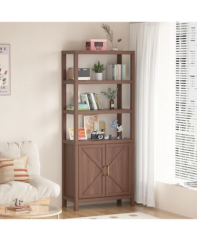 gaomon 71 inch Tall Bookshelf 5Tier Bookcase Barn Doors and Adjustable Shelves, Wood Farmhouse Book Case with Storage Cabinet, Freestanding Book Shelf
