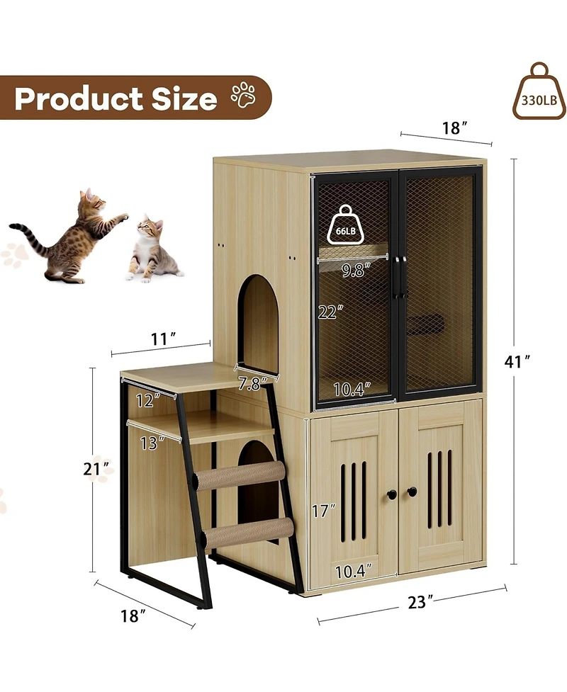 gaomon Cat Litter Box Furniture, 2 Tier Enclosed Furniture with Doors, Hidden Storage and Ladder