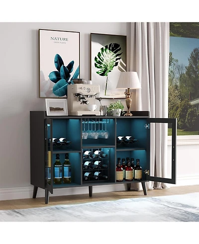 gaomon Modern Wood Wine Bar Cabinet with Led Light, Glass Holder, Doors And Wine Racks