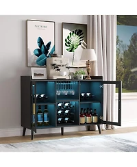 gaomon Modern Wood Wine Bar Cabinet with Led Light, Glass Holder, Doors And Wine Racks
