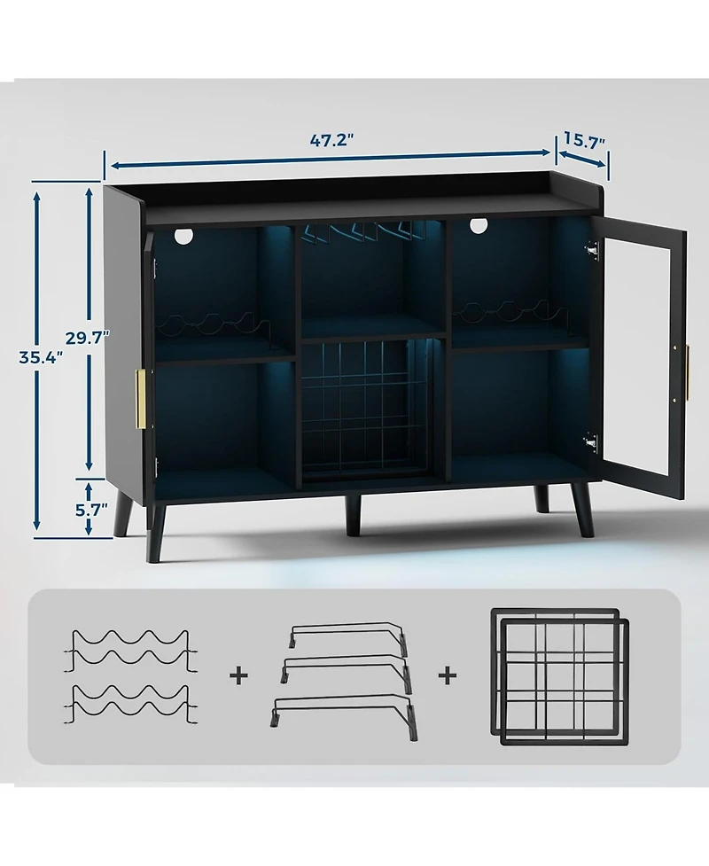 gaomon Modern Wood Wine Bar Cabinet with Led Light, Glass Holder, Doors And Wine Racks