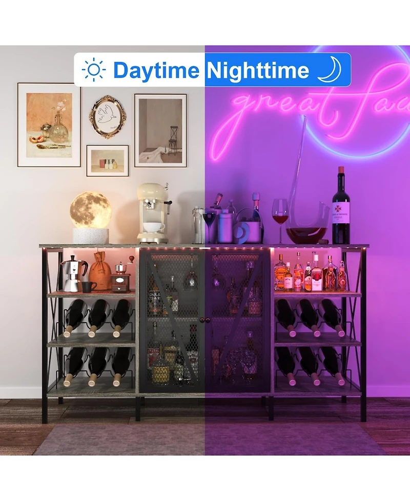 gaomon Farmhouse Wine Bar Cabinet with Rack and Glass Holder, Industry Coffee Led Light, Metal Sideboard Liquor Table Cabinet,Mesh