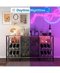 gaomon Farmhouse Wine Bar Cabinet with Rack and Glass Holder, Industry Coffee Led Light, Metal Sideboard Liquor Table Cabinet,Mesh