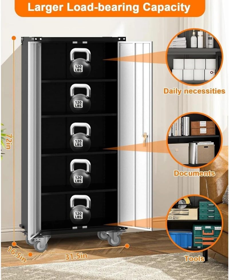 gaomon Metal Storage Cabinet 72" H with Wheels, Steel Tool Cabinet with Lock and 4 Adjustable Shelves and Lockable Rolling,Storage Organization