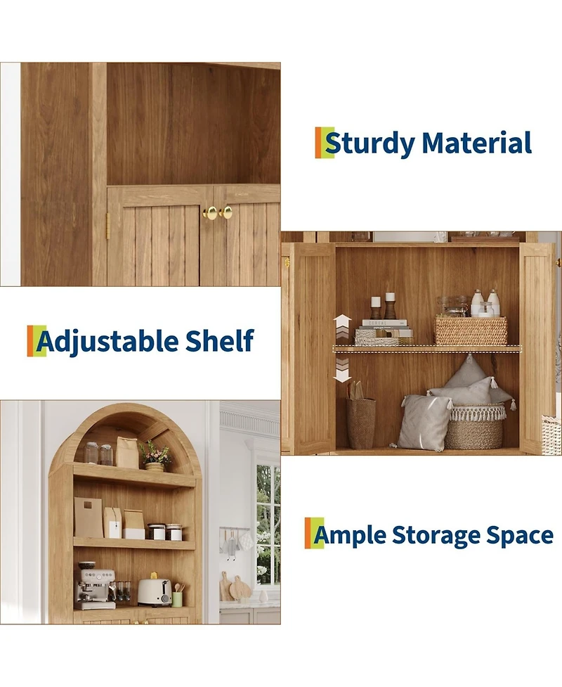 gaomon 72" Tall Wood Arched Storage Cabinet - 5-Shelf Kitchen Pantry with Doors & Open Shelves, Versatile Standing Bookcase Cupboard