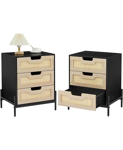 gaomon Nightstand, Rattan End Table, Nightstands with 3 Rattan Drawers, Strong Support Wooden Structure, Side Table with Storage Drawers