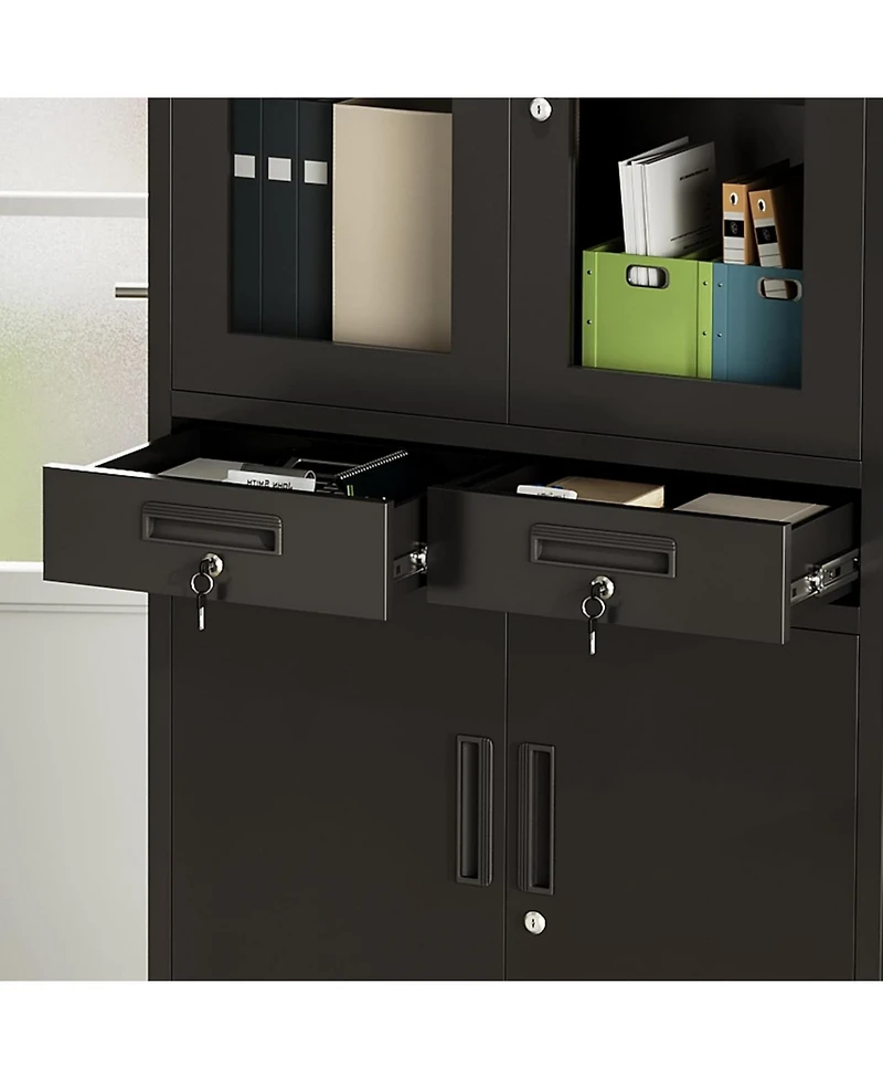 gaomon 71 Inch Tall Metal Garage Storage Cabinet with Glass Doors, 2 Lockable Drawers, 2 Adjustable Shelves, Lockable Steel Doors