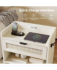 gaomon rattan bedside nightstand with 1 drawer, modern storage cabinet with charging station, ideal bedroom organizer.