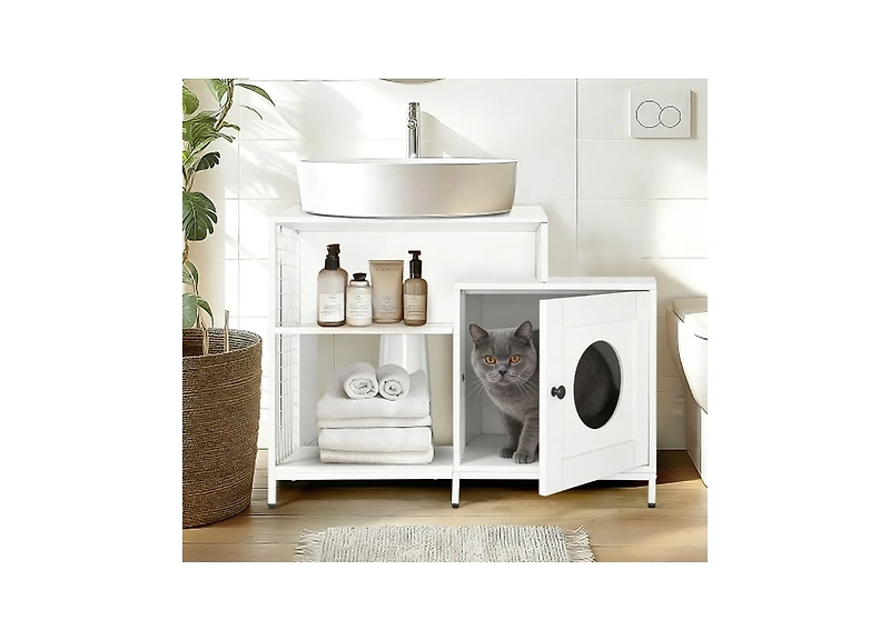 Zeus and Ruta Hidden Litter Box Enclosure with Divider for Bathroom White Indoor Cat House Furniture for Large Cats