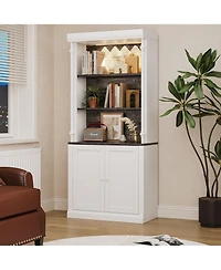 gaomon Tall Storage Bookcase with 3-Tier Open Shelves and Double Door,4 Adjustable Lights