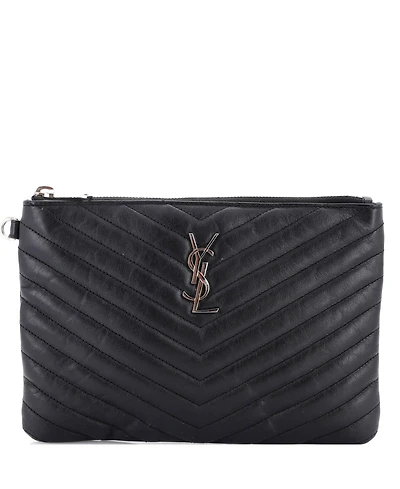 Pre-Owned Saint Laurent Small Classic Monogram Wristlet Pouch Matelasse Chevron Leather