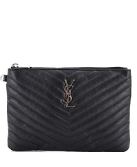 Pre-Owned Saint Laurent Small Classic Monogram Wristlet Pouch Matelasse Chevron Leather