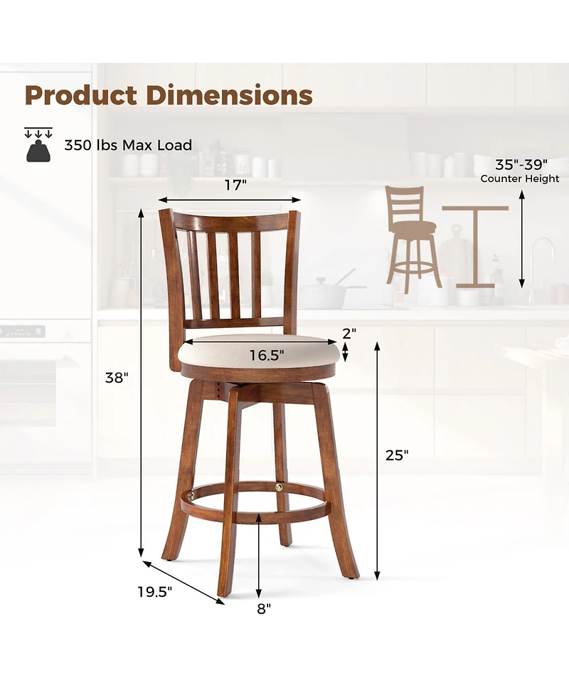 Gymax 25'' Swivel Counter Barstools Set of 4 w/Backrest and Upholstered Seat Footrest