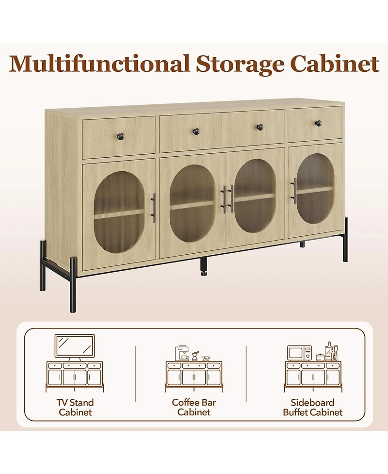 gaomon 62" Modern Sideboard Buffet Cabinet – Large Storage Console Table with Adjustable Shelves and 3 Drawers and 3 Glass Doors for Dining Room