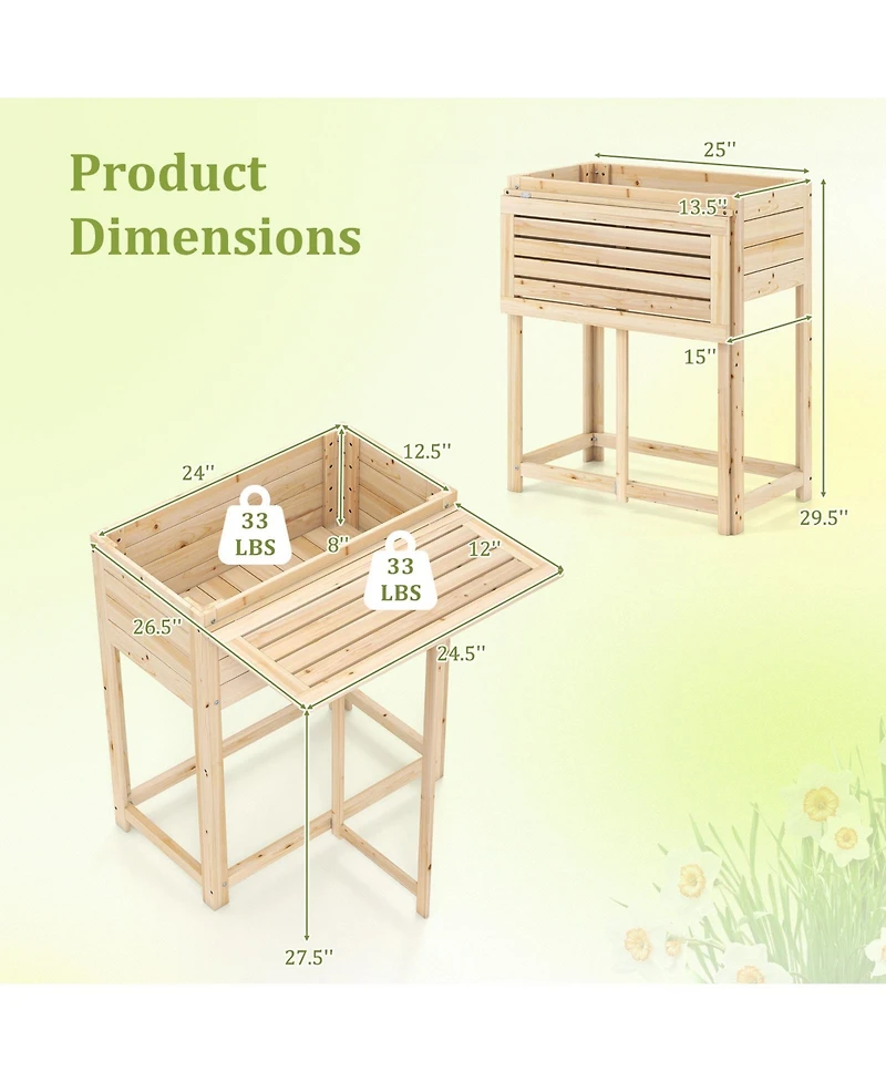 Sugift Wooden Raised Garden Bed with Legs and Foldable Side Table