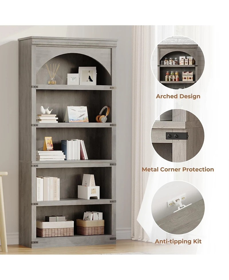 gaomon 68.7" Tall Farmhouse Arched 5-Tier Wooden Bookcase