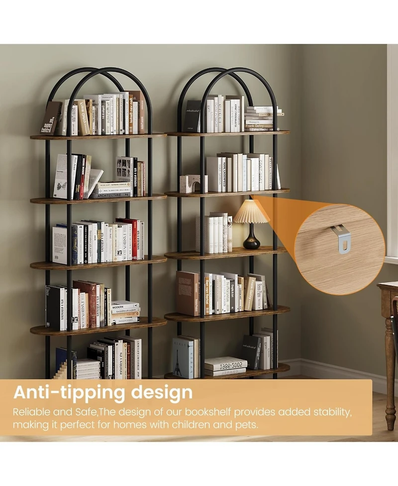 gaomon 71" Arched 5 Tier Bookshelf with Metal Frame, Freestanding Open Wood Display Rack