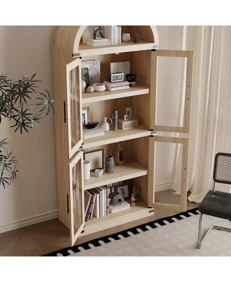 gaomon 71" Arched Farmhouse Bookshelf with Glass Doors and Drawers, Rounded Storage Cabinet