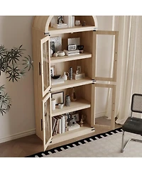 gaomon 71" Arched Farmhouse Bookshelf with Glass Doors and Drawers, Rounded Storage Cabinet