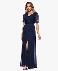 Xscape Women's Short-Sleeve V-Neck Long Gown