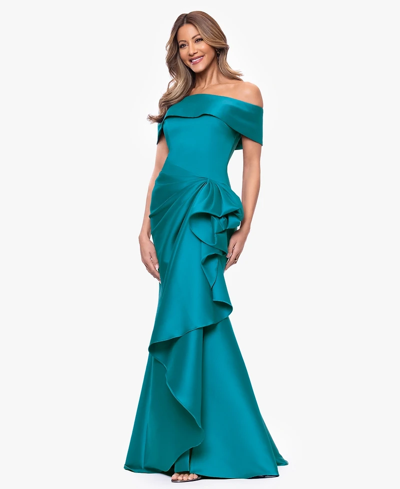 Xscape Women's Mikado Off-The-Shoulder Ruffle Ball Gown