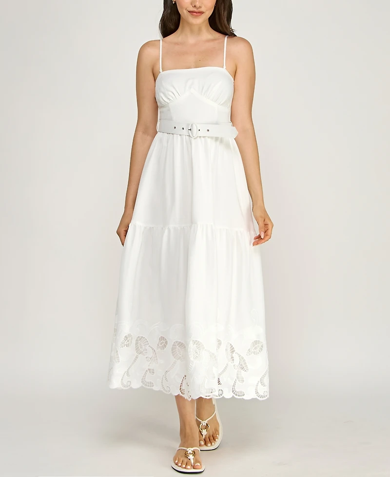 Row A Juniors' Strapless Sweetheart Neck Lazer Cutout Hem Belted Midi Dress