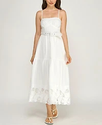 Row A Juniors' Strapless Sweetheart Neck Lazer Cutout Hem Belted Midi Dress