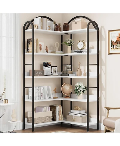 gaomon 68.5" Industrial L-Shaped Corner Bookshelf, 5-Tier Arched Metal Frame Corner Bookcase