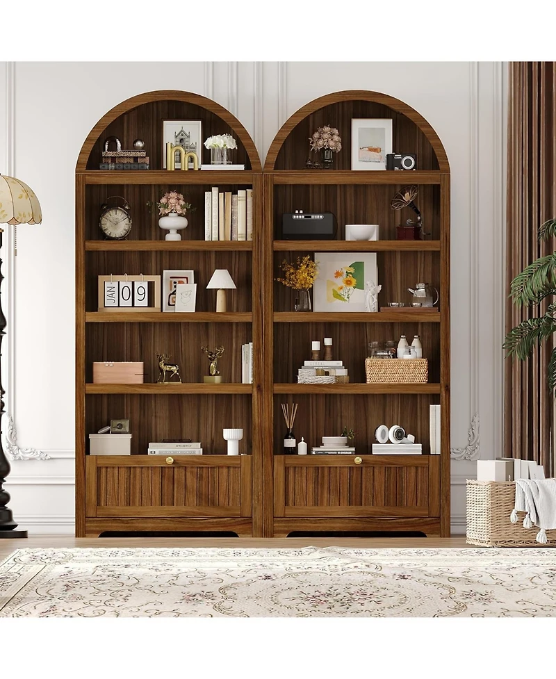 gaomon 71" Tall Arched Pantry Cabinet, 6-Tier Freestanding Bookshelf with Drawer and Anti-Tip