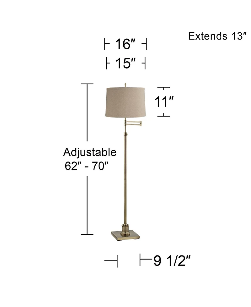 360 Lighting Swing Arm Floor Lamp 70" Tall Antique Brass Linen Fabric Drum Shade for Living Room Reading Bedroom Office