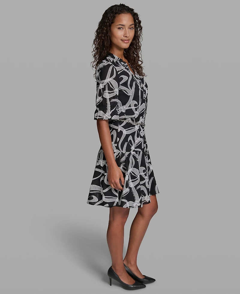 Karl Lagerfeld Paris Women's Printed Belt Collared Dress