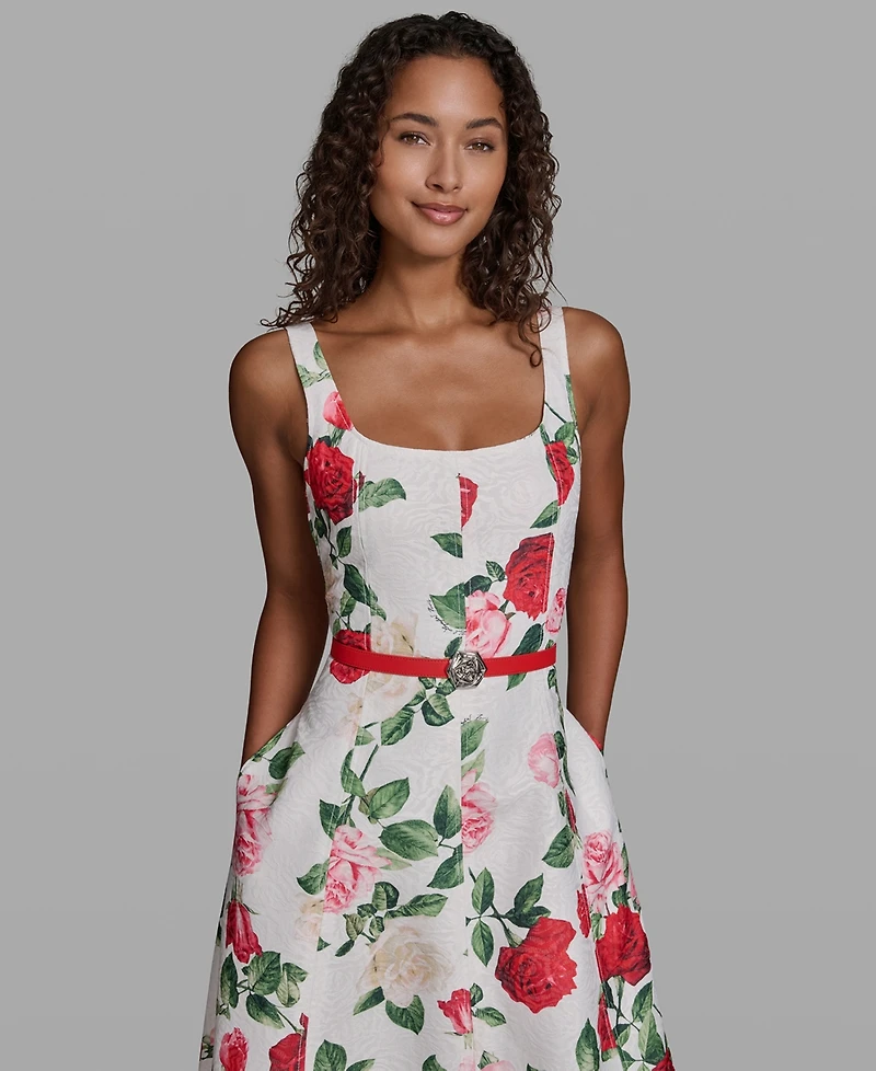 Karl Lagerfeld Paris Women's Printed Sleeveless Square Neck Polyester Dress