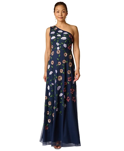 Adrianna Papell Women's One Shoulder Mesh Long Dress