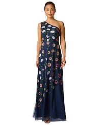 Adrianna Papell Women's One Shoulder Mesh Long Dress