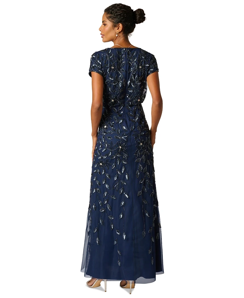 Adrianna Papell Women's Boat-Neck Blouson Beaded Gown